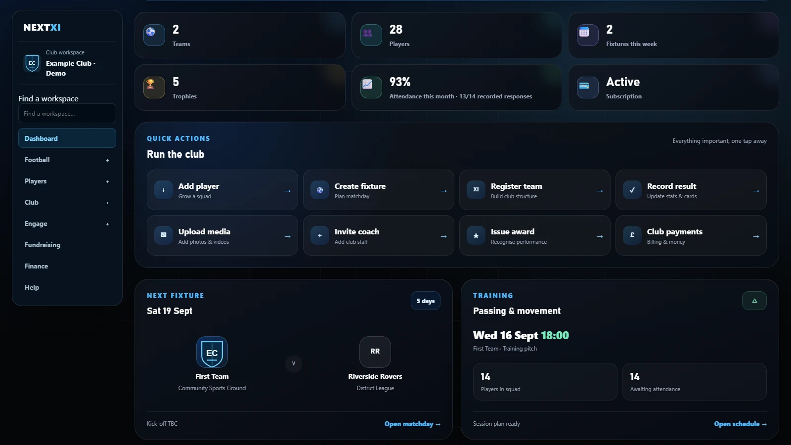The NEXTXI club dashboard with the compact sidebar, club actions and fictional Example Club records