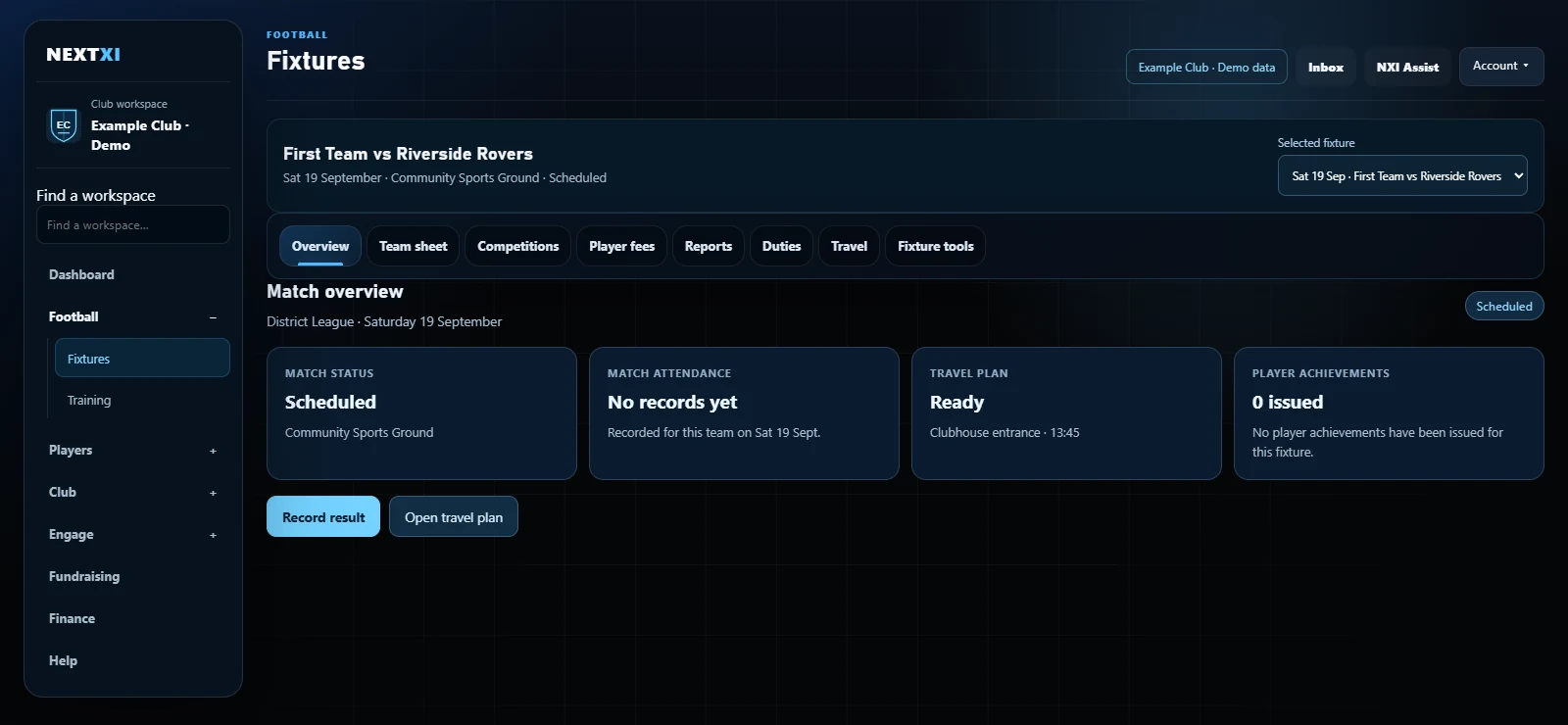Plan the fixture in NEXTXI, using fictional Example Club records